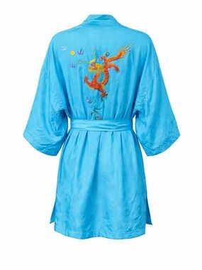 Vintage Golden Bee Embroidered Dragon Kimono Robe Turquoise Asian Style M